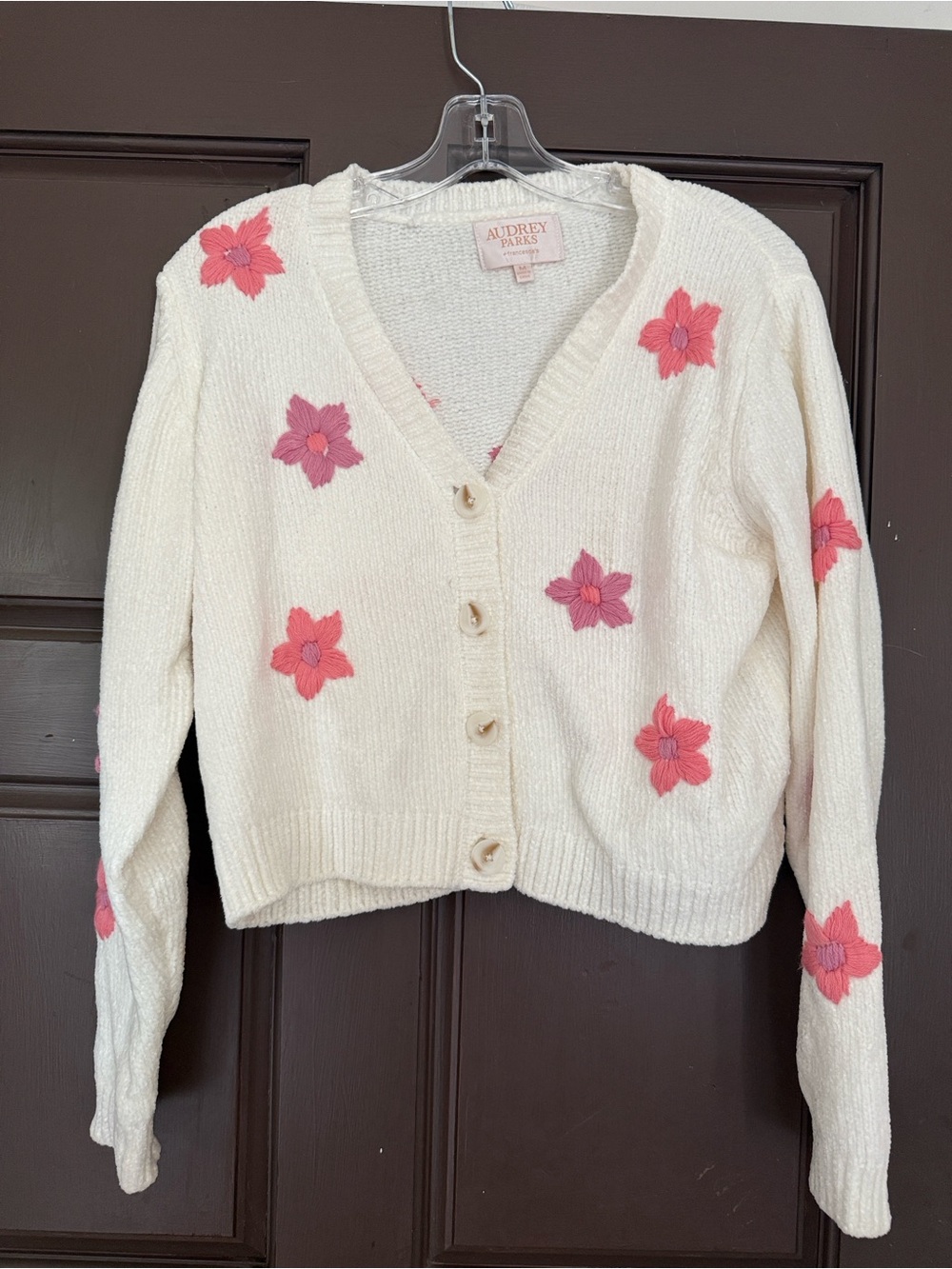 Francesca's Collections Cream Cardigan with Pink Floral Appliqués